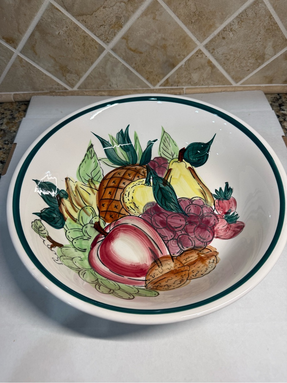 Large 12” Ceramic Fruit Serving Bowl Hand Painted Pineapple Grapes Apple EUC